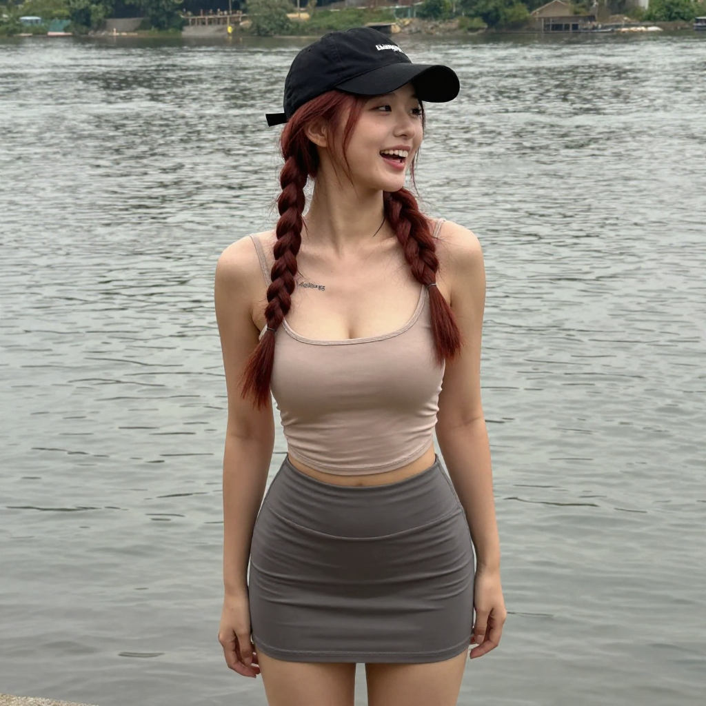 posing by the river